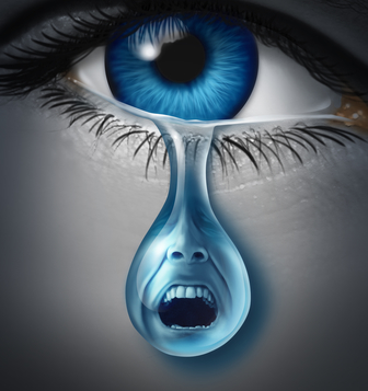 Distress and suffering with a human eye crying a single tear drop with a screaming facial expression of anguish and pain due to grief or emotional loss or business burnout.